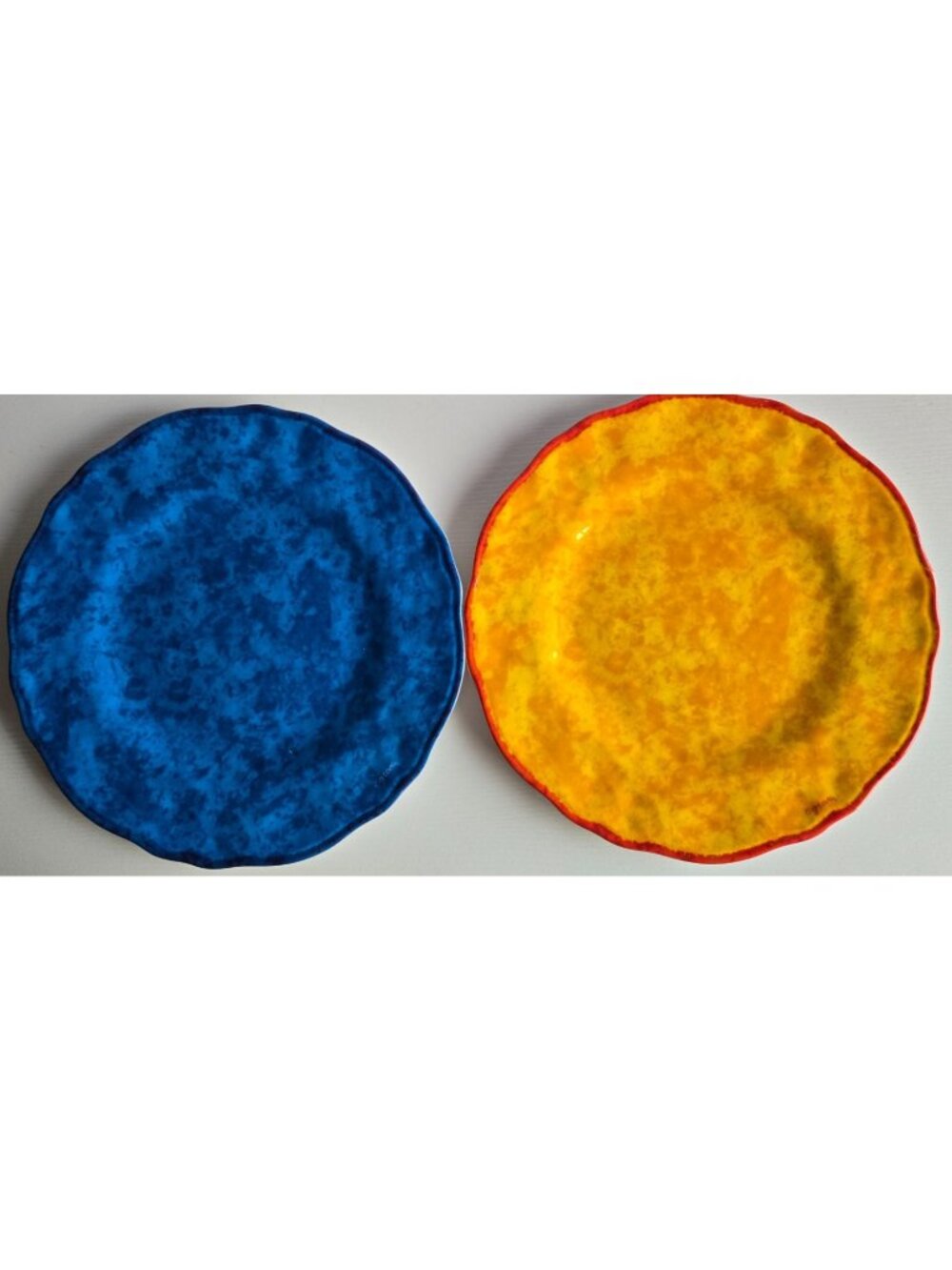 2 CITRUS GROVE Dinner Plates-Yellow/Red Print & Blue/Black Print Each 11 inches